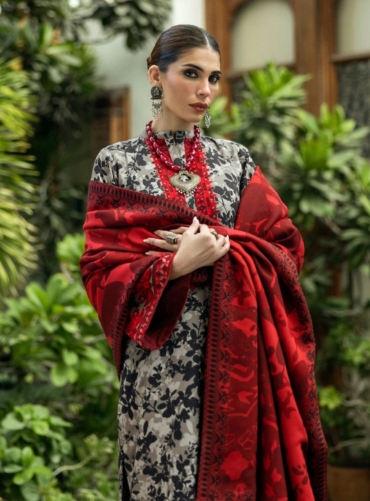 Red & Grey Printed Lawn 3PC Suit | Zainab Chottani