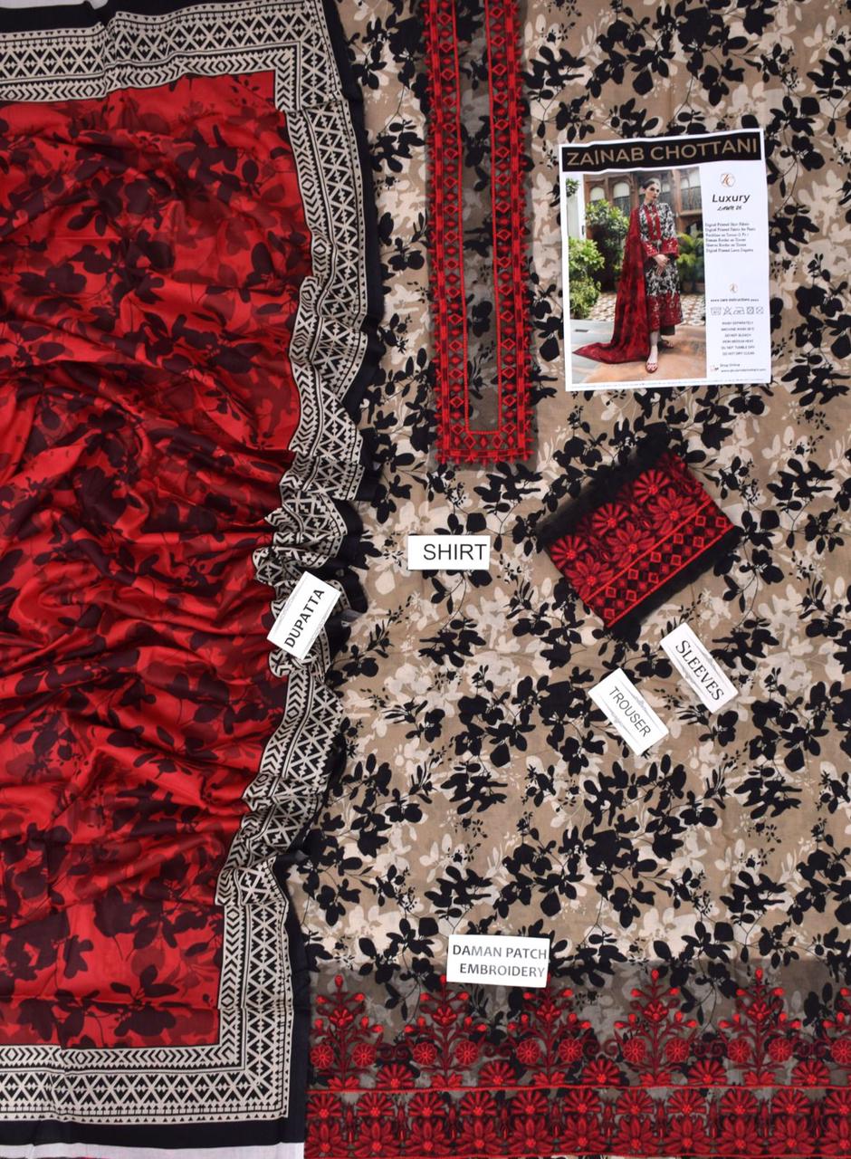 Red & Grey Printed Lawn 3PC Suit | Zainab Chottani
