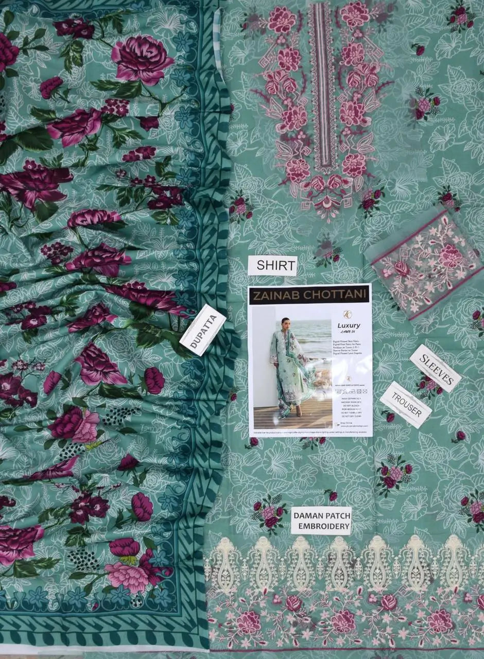 Mint Green Embroidered Lawn 3PC Suit | Zainab Chottani - Qaswa Fabrics