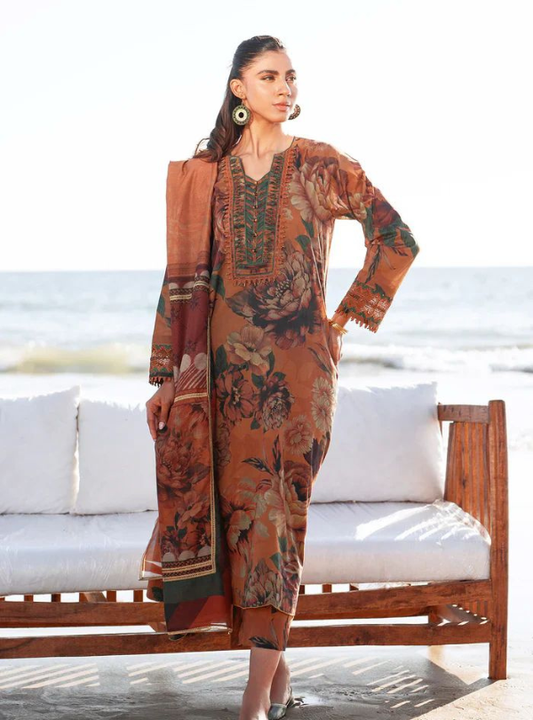 Floral Printed Lawn 3PC Suit – Brown | İznik
