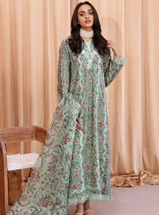 Mint Green Floral Printed Lawn 3PC Suit | İznik