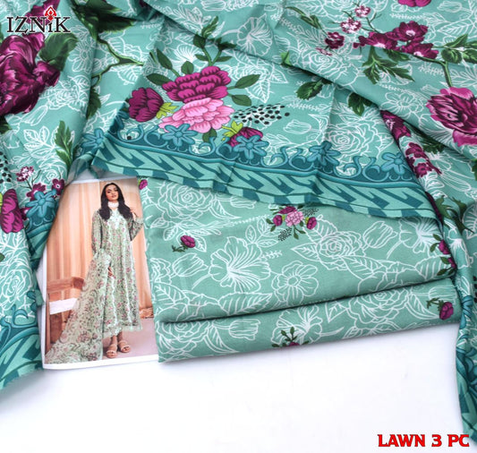 Mint Green Floral Printed Lawn 3PC Suit | İznik