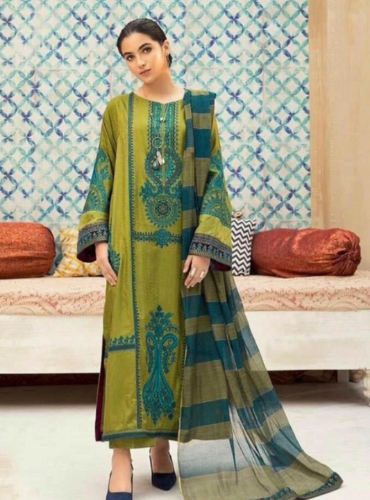 Olive Teal Elegance 3Pc Embroidery