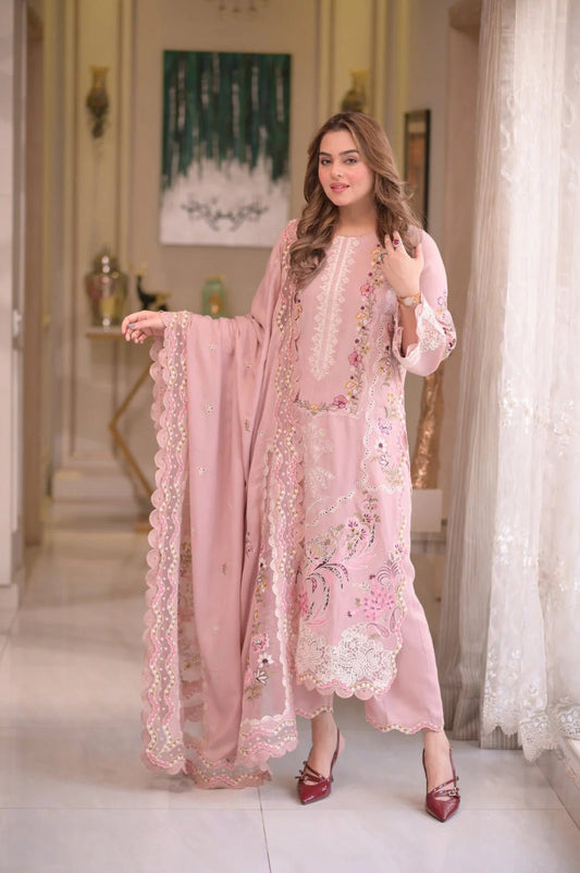 Aneela Pink Luxury 3Pc - Qaswa Fabrics
