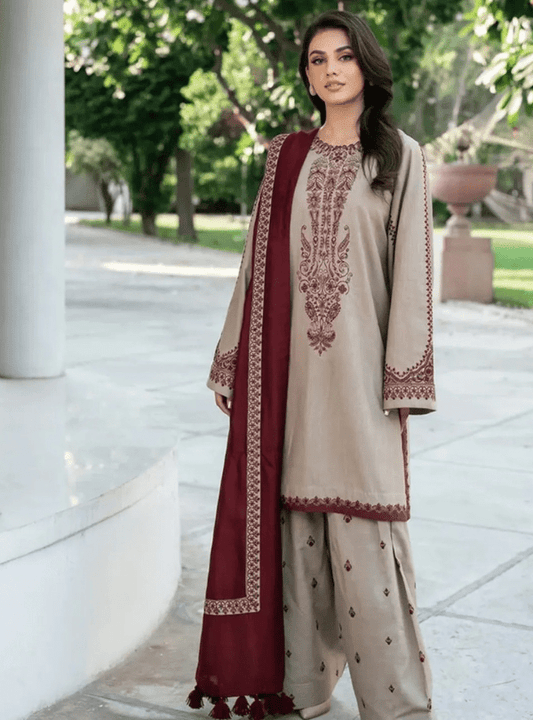 Aneela's beige Luxury 3Pc - Qaswa Fabrics