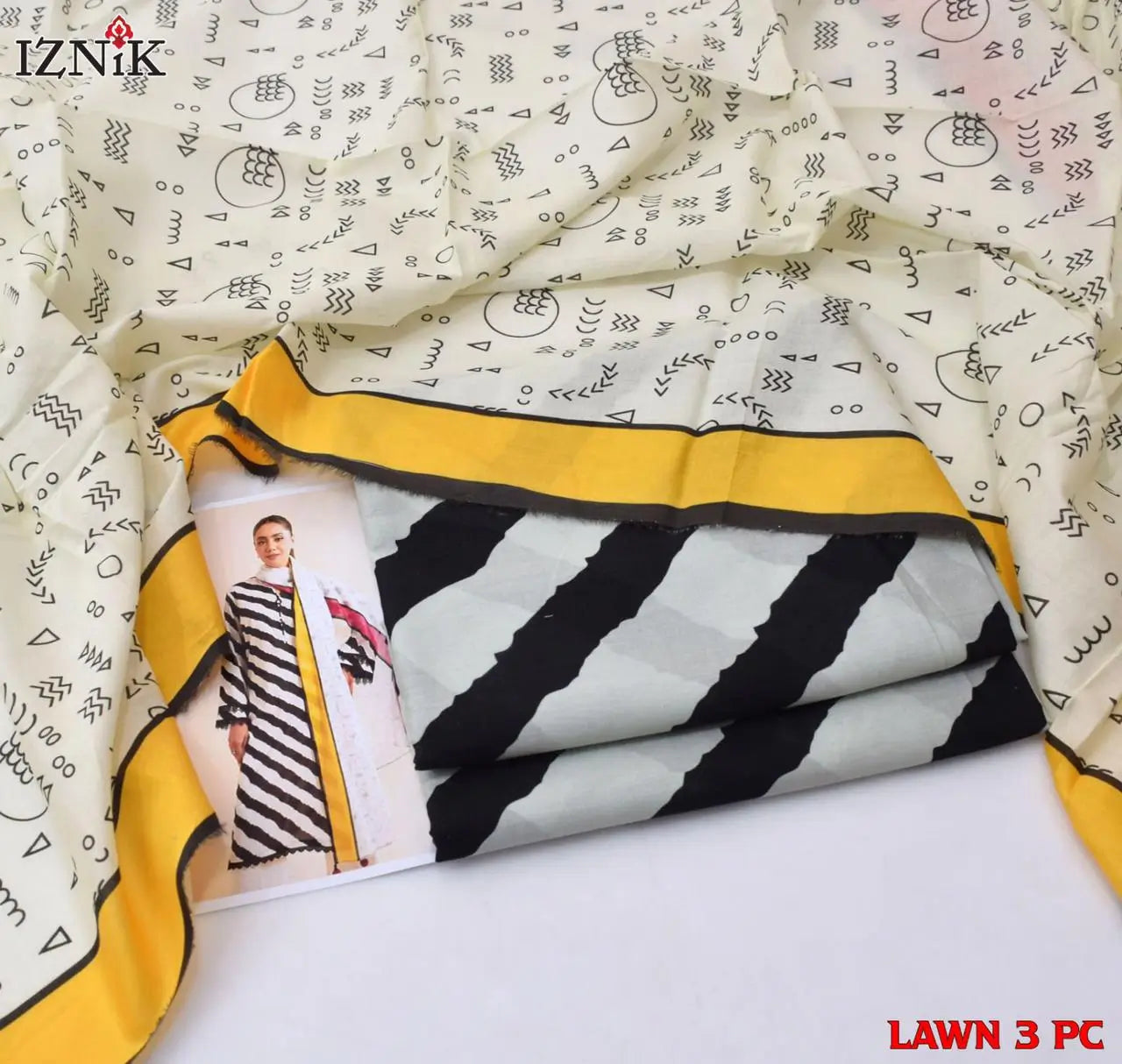 Black & White Striped Lawn 3PC Suit | İznik - Qaswa Fabrics