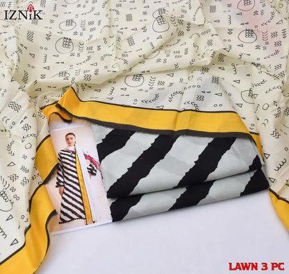Black & White Striped Lawn 3PC Suit | İznik - Qaswa Fabrics