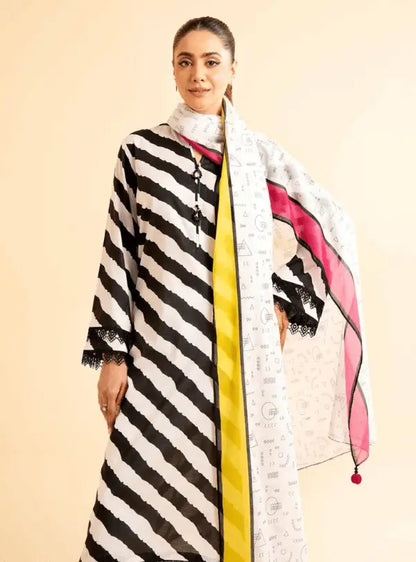 Black & White Striped Lawn 3PC Suit | İznik