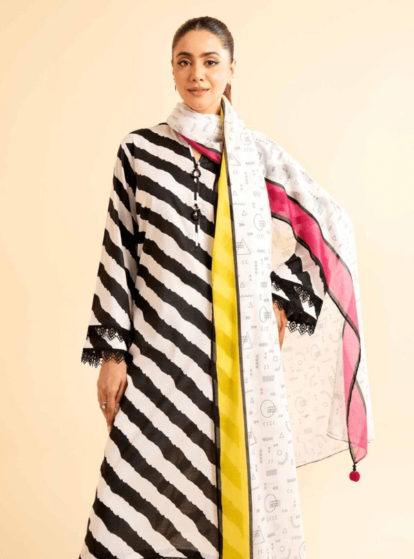 Black & White Striped Lawn 3PC Suit | İznik - Qaswa Fabrics