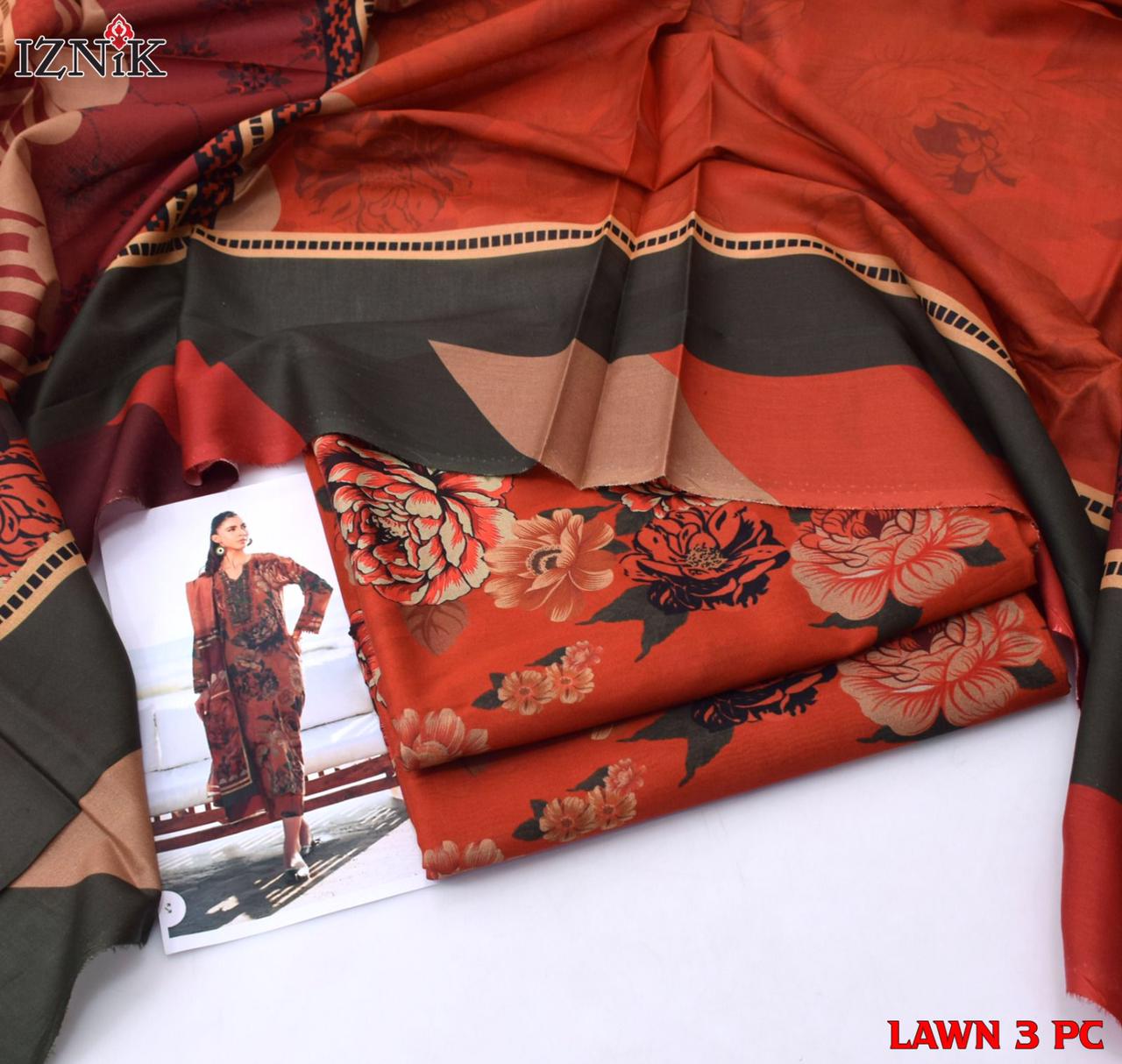 Floral Printed Lawn 3PC Suit – Brown | İznik - Qaswa Fabrics