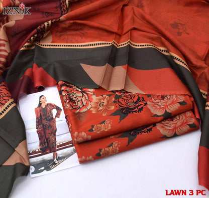 Floral Printed Lawn 3PC Suit – Brown | İznik - Qaswa Fabrics