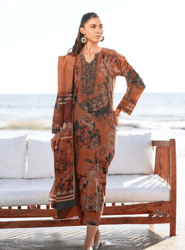 Floral Printed Lawn 3PC Suit – Brown | İznik - Qaswa Fabrics