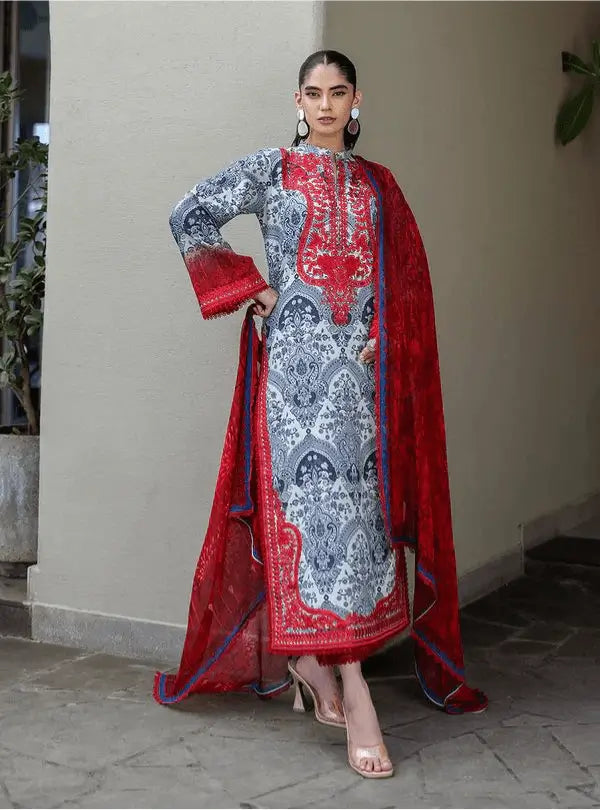 Grey & Red Printed Lawn 3PC Suit | Zainab Chottani - Qaswa Fabrics