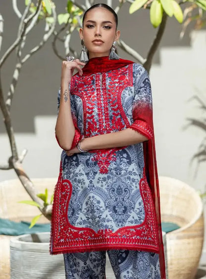 Grey & Red Printed Lawn 3PC Suit | Zainab Chottani - Qaswa Fabrics