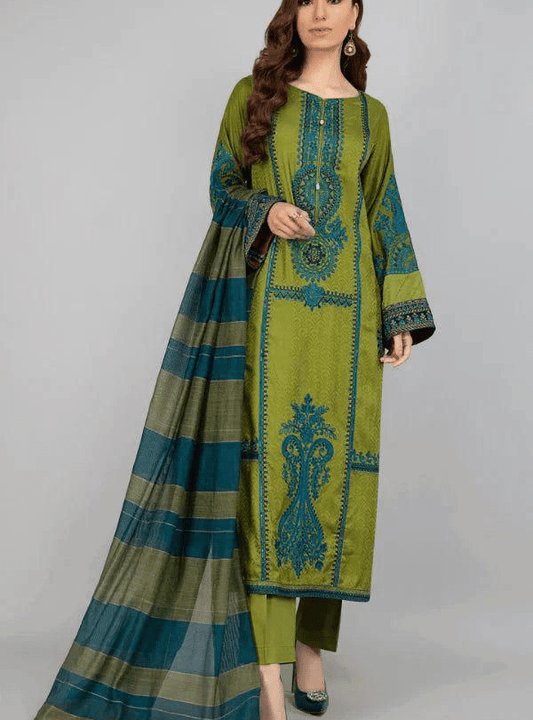 Olive Teal Elegance 3Pc Embroidery - Qaswa Fabrics