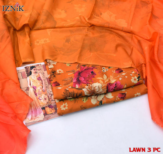 Orange Floral Printed Lawn 3PC Suit | İznik - Qaswa Fabrics