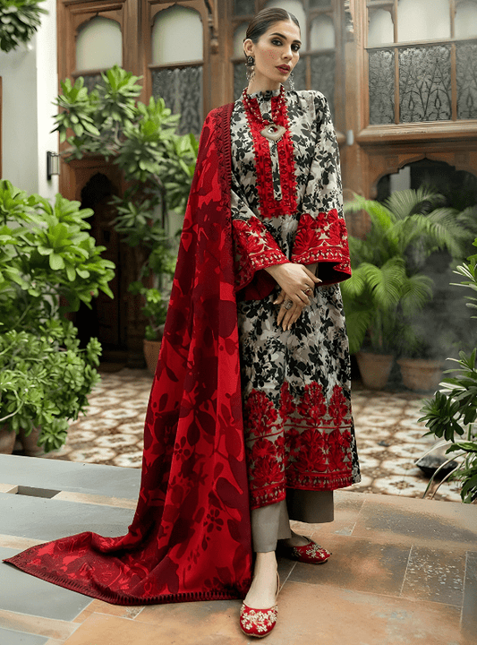 Red & Grey Printed Lawn 3PC Suit | Zainab Chottani - Qaswa Fabrics