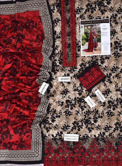 Red & Grey Printed Lawn 3PC Suit | Zainab Chottani - Qaswa Fabrics